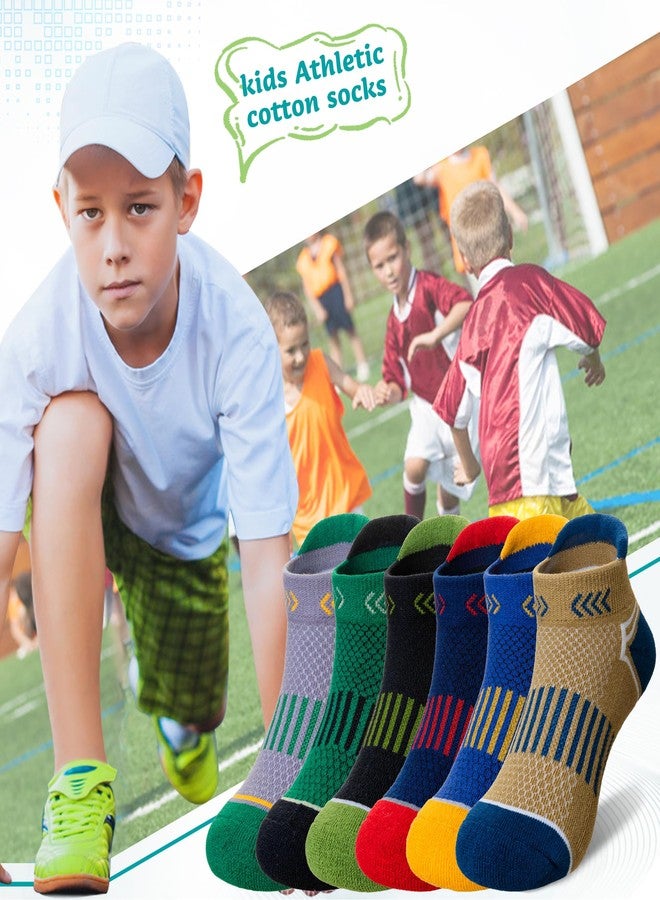 Eyean Boys Athletic Half Cushioned Ankle Socks Kids Cotton Sport Low Cut Socks 6 Pairs (Red/Yellow/Green, 5-8 Years) - Image 2